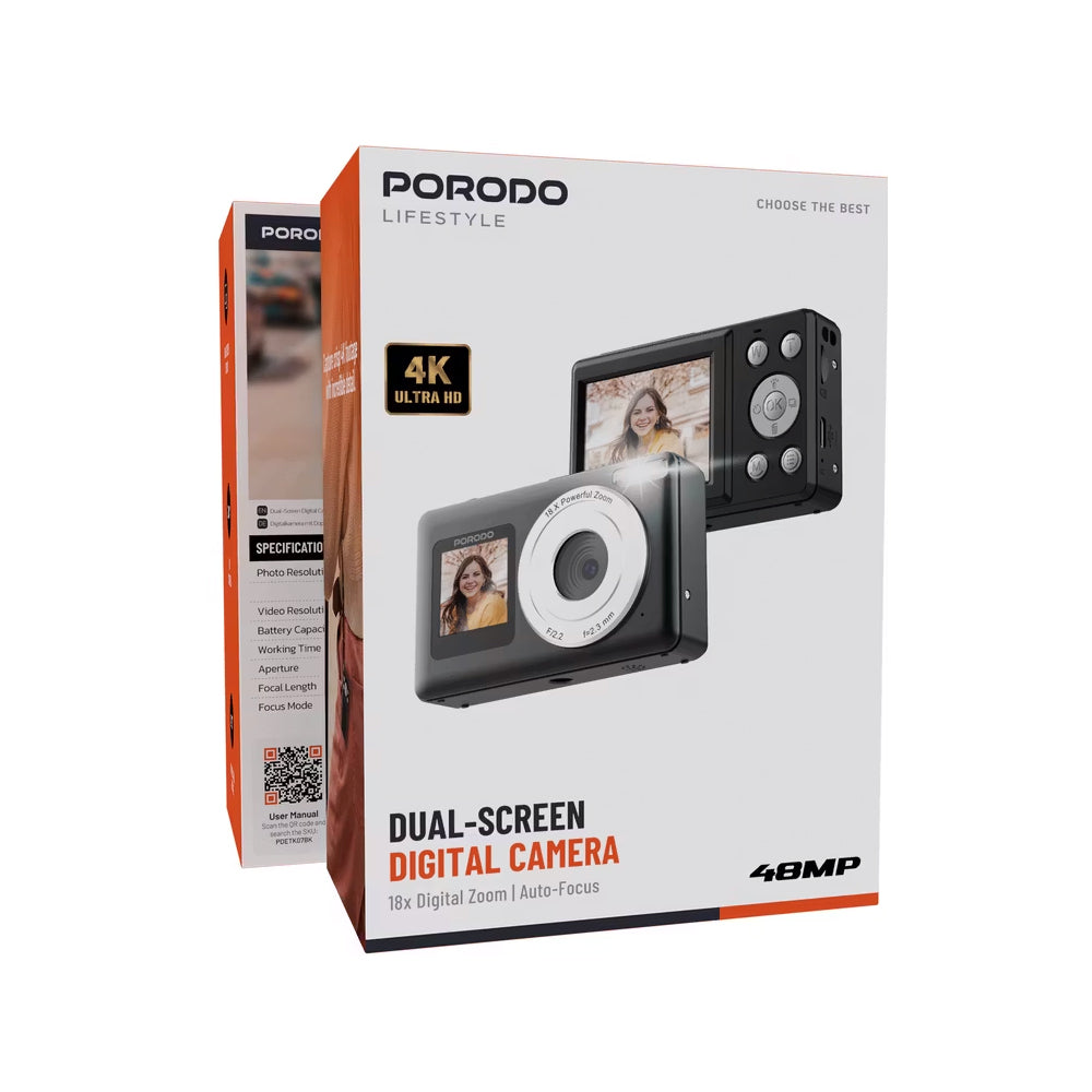Porodo PD-ETK07-BK Dual Screen Digital Camera 48MP