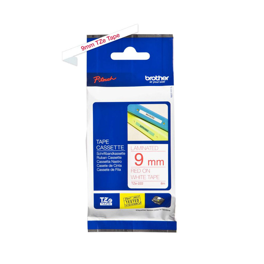 Brother 9mm Red on White Laminated Ribbon TZE-222