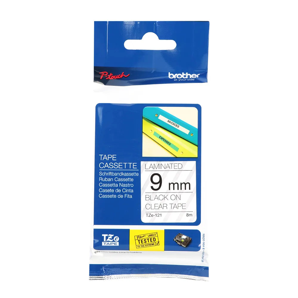 Brother 9mm Black on Clear Laminated Ribbon TZE-121