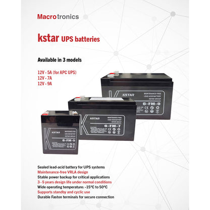 Kstar 6-FM-5 UPS VRLA Battery Lead Acid 12V 5Ah | Compatible with APC Smart-UPS